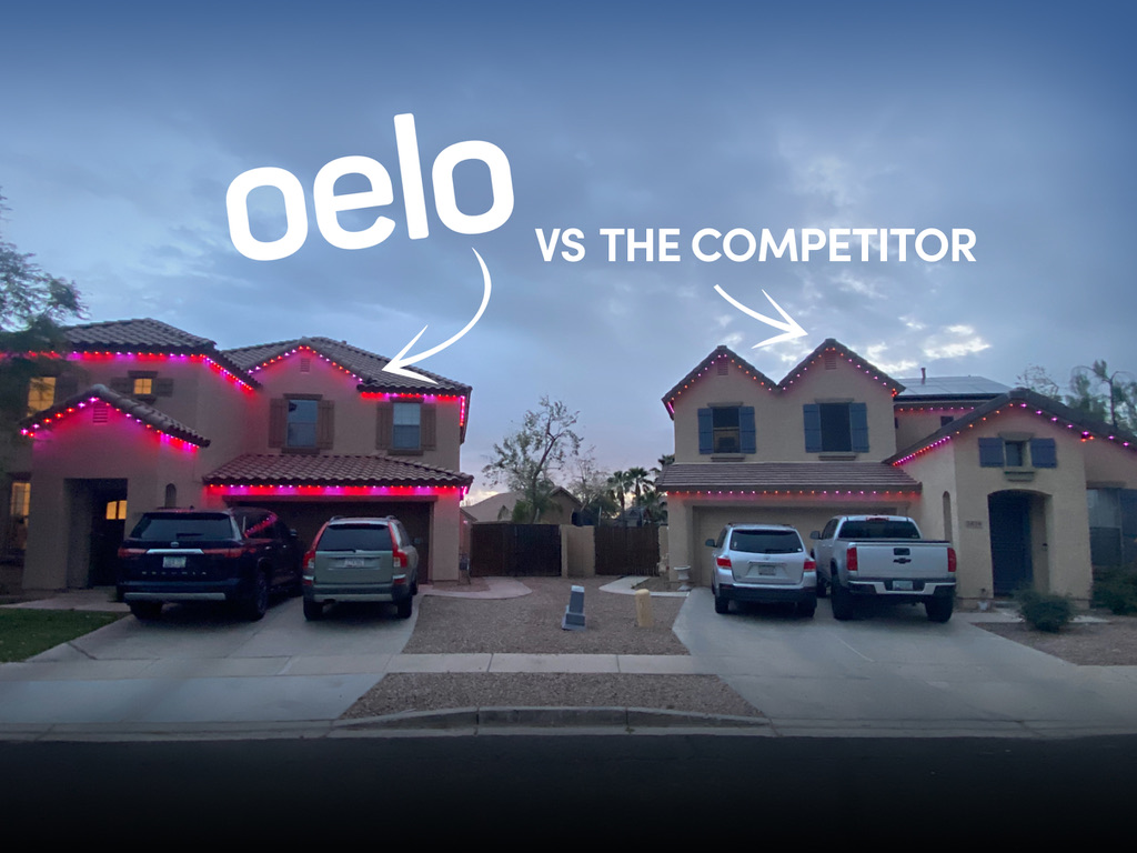 Oelo lighting compared side by side with a competitor's lights on two homes