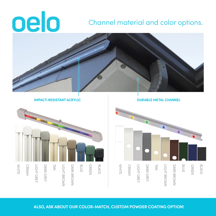 Oelo channel material and color options: impact-resistant acrylic and durable metal channel in ten colors